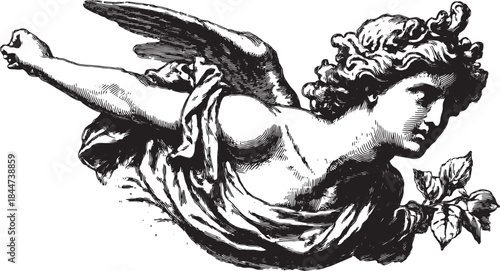 Angel illustration in vintage black and white art style. Detailed winged figure with leaf elements, presented as a vector illustration.