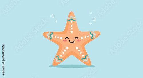 Cheerful cartoon starfish character with a happy smiling face and cute patterns standing on the sea floor with bubbles.