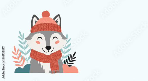 Adorable cartoon wolf wearing a cozy pink knitted hat and scarf smiling happily among winter foliage with copy space.