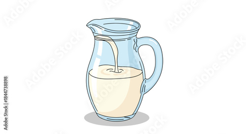 Simple and clean cartoon illustration of a clear glass pitcher being filled with fresh white milk on a white background.