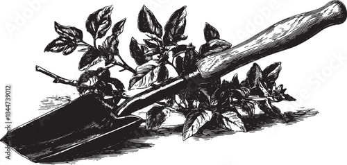Garden shovel and leaves illustration in vintage black and white. This vector art depicts outdoor gardening tools and plants as a set.