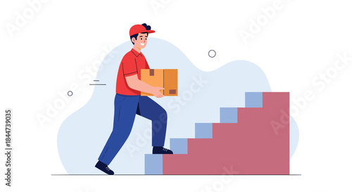 Friendly delivery man in a red shirt and cap carrying a cardboard box while walking up a flight of stairs for delivery.