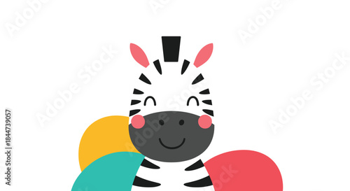 Adorable cartoon baby zebra with rosy cheeks peeking out from behind colorful abstract shapes with a happy expression.