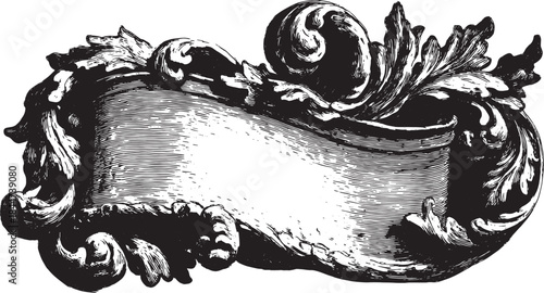 Decorative banner frame in vintage style. Ornate black and white vector illustration with elaborate design details.