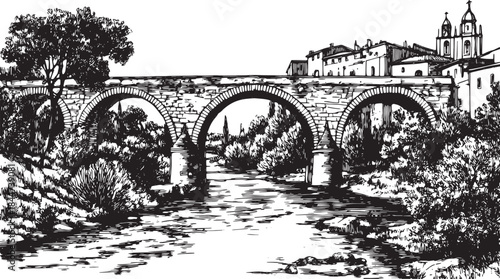 Bridge over a river, surrounded by trees and buildings. Black-and-white vector illustration of a scenic landscape set.