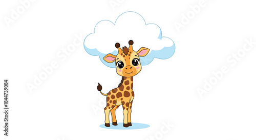 Sweet and adorable baby giraffe with big cute eyes standing happily under a fluffy white and blue cloud in the sky.