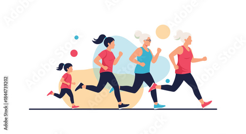 Four women of different generations from a young girl to a senior citizen running together to represent a lifetime of health and fitness.