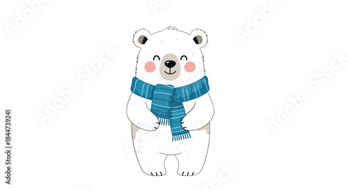 A charming hand-drawn polar bear with rosy cheeks wearing a cozy blue striped scarf for a warm winter or Christmas greeting.