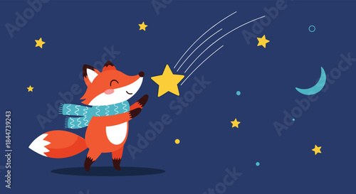 Whimsical cartoon fox wearing a scarf at night looking up at a bright shooting star in a dark blue sky with a crescent moon.