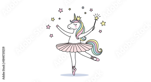 Magical unicorn ballerina in a pink tutu and crown dancing gracefully with a magic wand surrounded by colorful pastel stars.