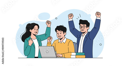 A team of three happy business colleagues celebrating a successful project with raised arms in front of a laptop in the office.