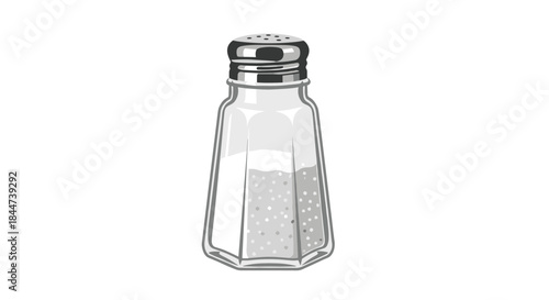 Simple and clean illustration of a traditional glass salt shaker with a metal top half-filled with white salt crystals.