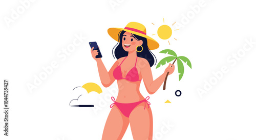 A happy young woman in a pink bikini and sun hat enjoys her summer vacation at the beach holding a phone and palm leaf.
