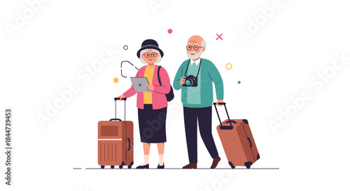 A happy elderly couple with luggage a camera and a tablet ready to embark on an exciting travel adventure together in retirement.