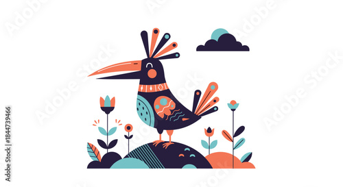 A beautifully stylized bird with a large crest and beak in a folk art style standing on a hill among flowers and plants.