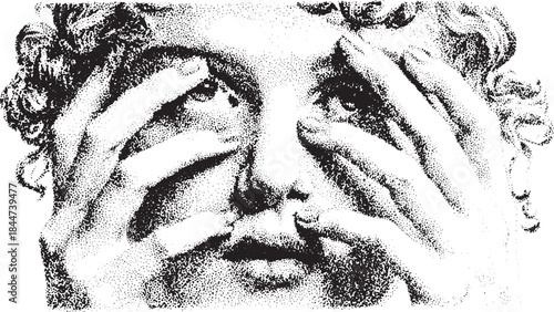 Face with hands. Dramatic lighting and texture create a striking vector illustration, capturing raw emotion in black and white.