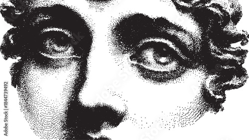 Illustration of a face with detailed eyes and hair. Black and white vector art set featuring classic lines.