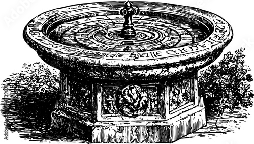 Fountain design in vintage style with intricate stone details and an elegant circular form. This vector illustration captures classic outdoor architecture.