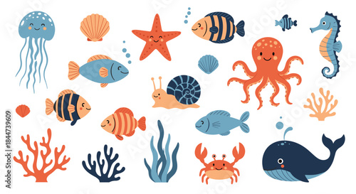 A large and colorful collection of cute cartoon sea creatures including a whale octopus fish crab jellyfish seahorse and starfish.