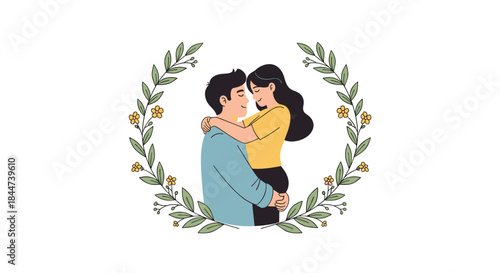 A loving young couple embracing warmly inside a beautiful decorative wreath made of green leaves and small yellow flowers.