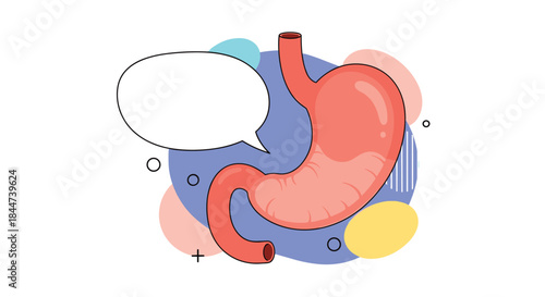 A cartoon illustration of a human stomach with a blank speech bubble for text set against a colorful abstract background design.