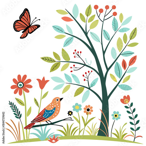Bird perched on branch with butterfly
