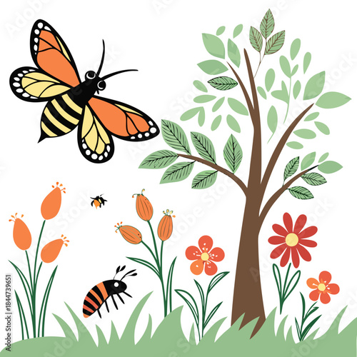 Vibrant garden scene with butterflies and bees