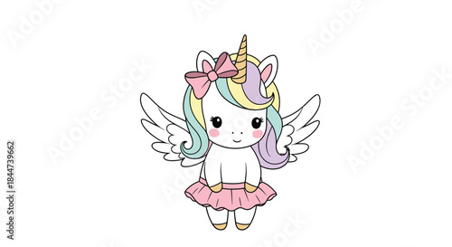 An adorable baby unicorn with colorful pastel hair a pink bow and tutu and small wings sitting cutely on a white background.