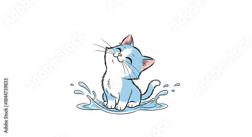 An adorable blue and white kitten with a happy expression sitting in a small puddle and creating a cute water splash.