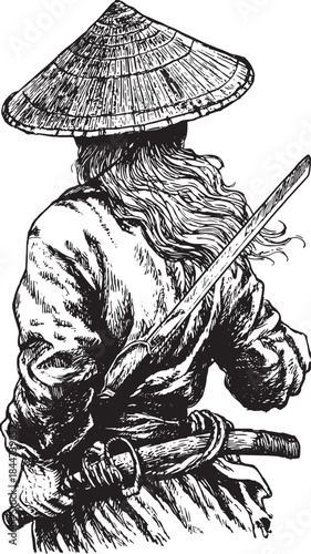 Warrior silhouette with sword and hat. Traditional martial arts vector illustration depicting cultural craftsmanship in black and white.