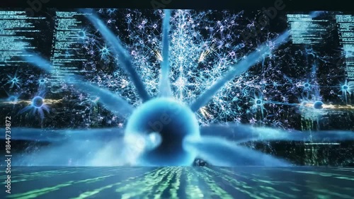 Futuristic Neural Network Visualization - Abstract digital video depicting a neural network with glowing nodes and connections in blue and white, overlaid with code and digital rain.