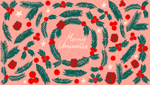 Christmas design with a wreath and green evergreen branches. Vector illustration drawn with markers in naive art style