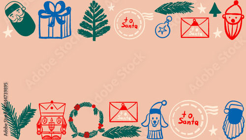 Christmas frame with hand drawn santa claus, gift boxes, evergreen trees, nutcrackers, and festive letters. Festive card with copy space