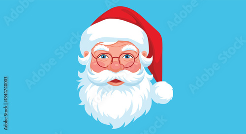 A classic and cheerful portrait of Santa Claus's smiling face with a white beard red hat and glasses on a blue background.