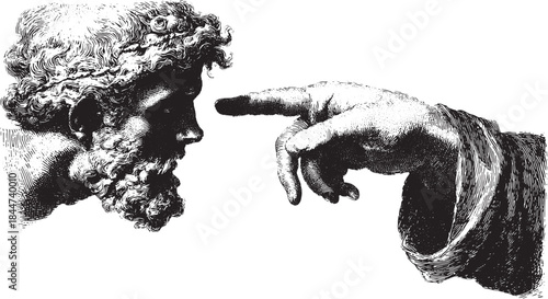 Hand pointing at a classic face in a detailed monochrome vector illustration. This historical artwork captures essential elements in a set format.