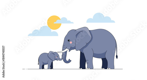 A heartwarming scene of a mother elephant and her adorable baby touching trunks affectionately under a sunny sky with clouds.
