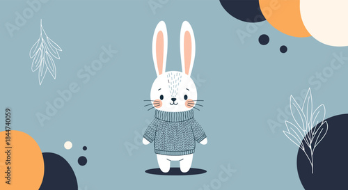 An adorable white cartoon rabbit wearing a cozy blue knit sweater stands against a modern background with abstract shapes and leaves.