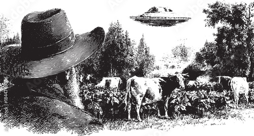 UFO sighting over a farm. Vintage vector illustration featuring a farmer, cows, and a rural landscape in black and white.