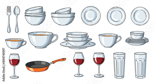 A comprehensive collection of kitchenware and tableware in a detailed sketch style including plates bowls glasses cutlery and a frying pan.