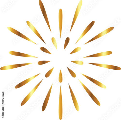 An abstract radial composition of glossy golden teardrop shapes spreads outward symmetrically on a white background, creating a bright sunburst-like decorative pattern.