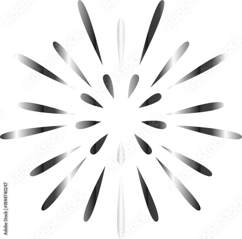 An abstract monochrome radial burst of elongated silver and gray shapes radiates symmetrically from the center against a deep black background, creating a sleek metallic sunburst effect.