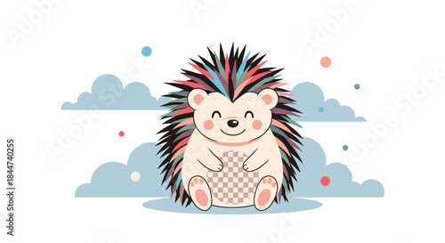 An adorable smiling hedgehog with vibrant rainbow-colored quills sits in front of soft blue clouds in a cute cartoon illustration.