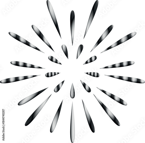 An abstract monochrome radial composition of elongated silver-white shapes radiates symmetrically from the center on a black background, forming a sleek metallic sunburst pattern.