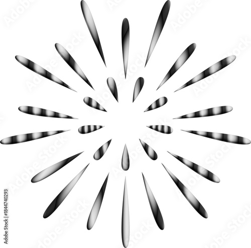 An abstract monochrome radial composition of elongated silver-white shapes radiates symmetrically from the center on a black background, forming a sleek metallic sunburst pattern.