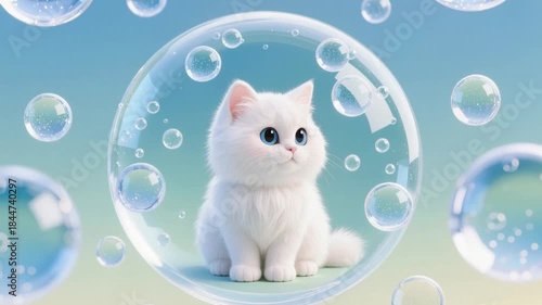 Fluffy white cat in a soap bubble cartoon style
