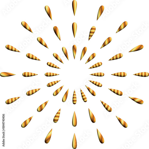 An abstract radial composition of glossy golden teardrop shapes forms a luminous sunburst pattern