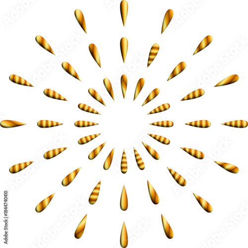 An abstract radial composition of glossy golden teardrop shapes forms a luminous sunburst pattern