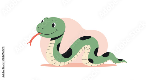A friendly and cute green cartoon snake with black spots is smiling happily with its red forked tongue sticking out.
