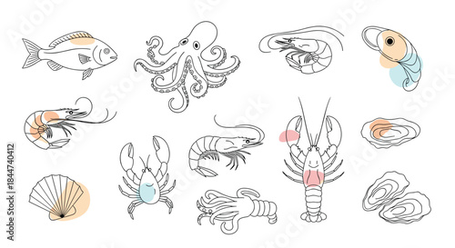 A modern set of seafood icons drawn in a clean line art style with abstract pastel color spots for a contemporary design.