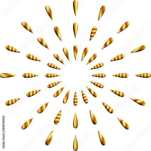 An abstract radial composition of glossy golden teardrop shapes forms a luminous sunburst pattern